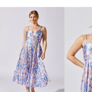 ASTR the Label "Maeve" Pleated Midi Dress Size S Blue/Pink Abstract